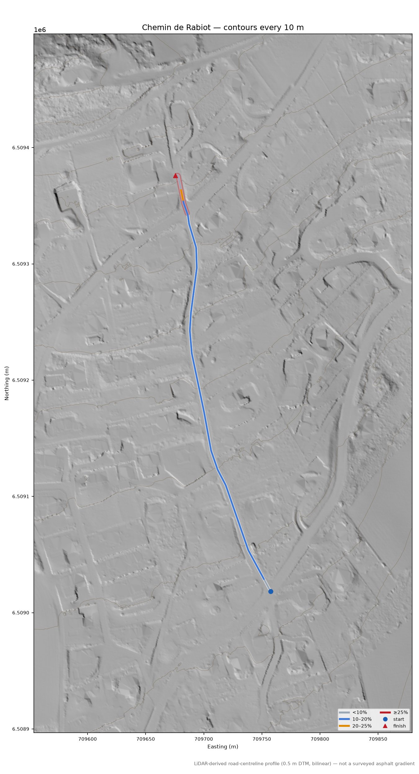 Chemin de Rabiot LiDAR hillshade map with contours