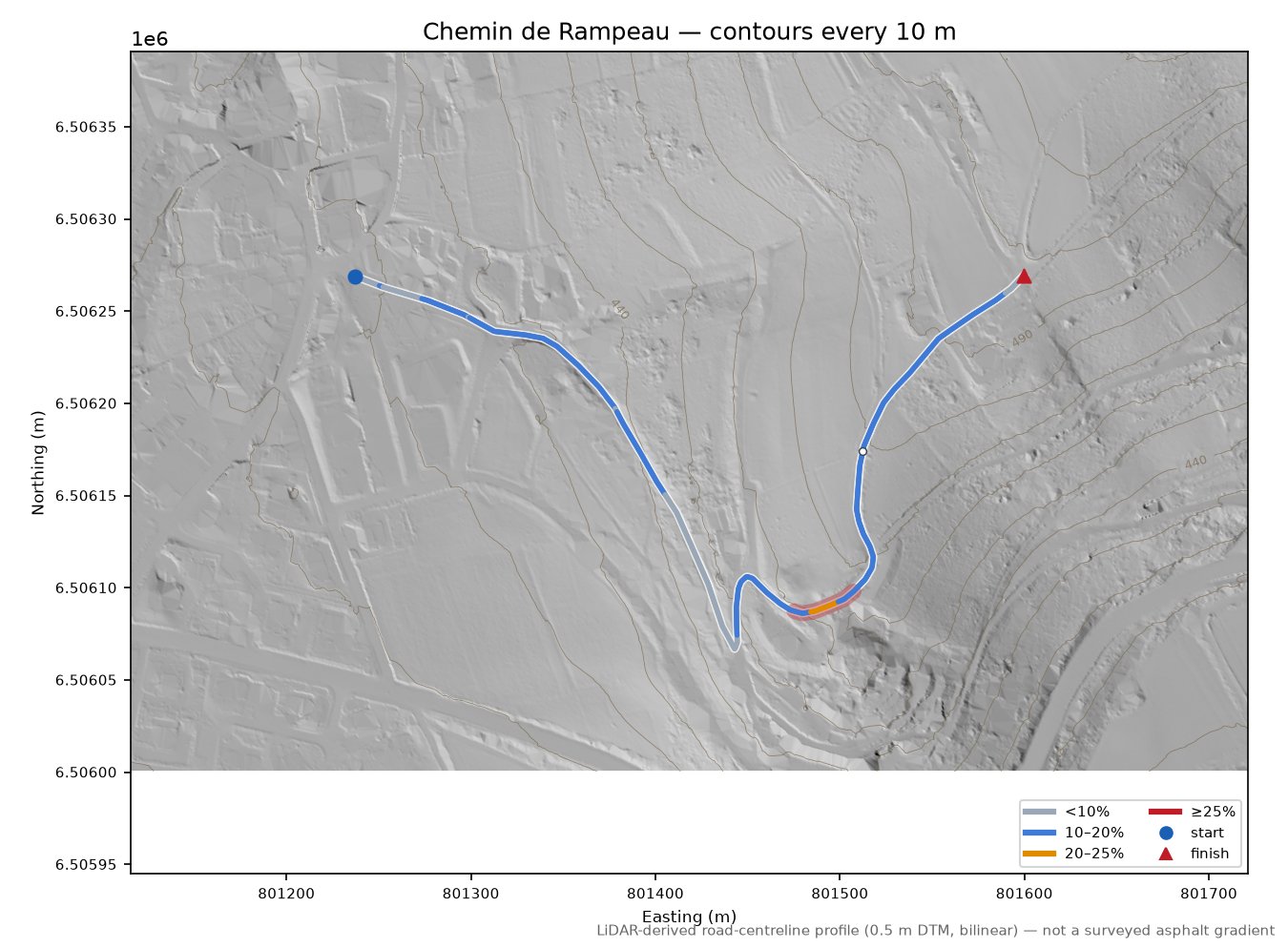 Chemin de Rampeau LiDAR hillshade map with contours