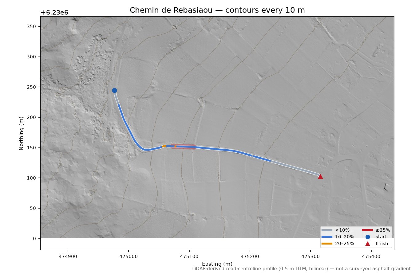 Chemin de Rebasiaou LiDAR hillshade map with contours