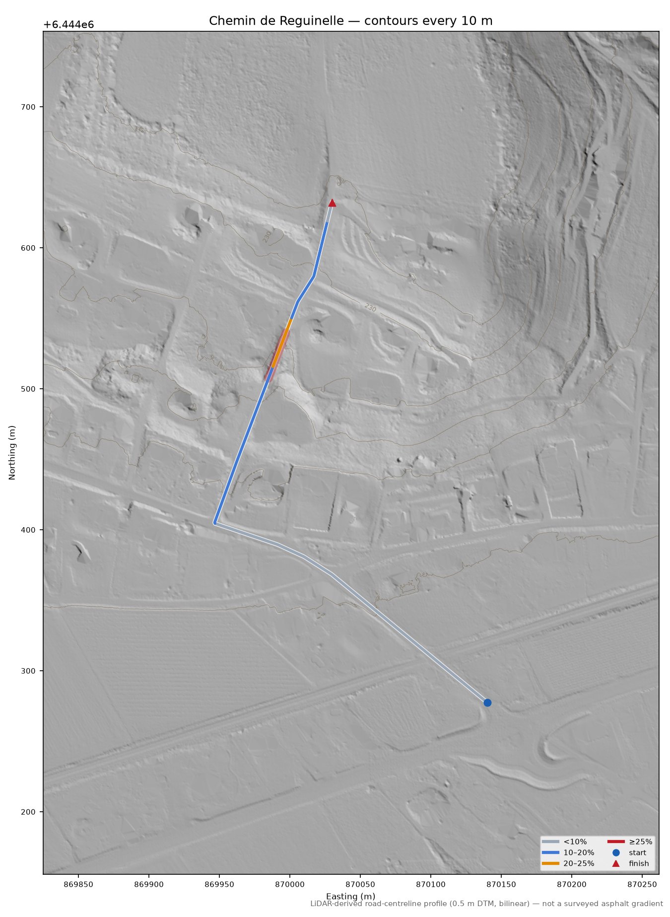 Chemin de Reguinelle LiDAR hillshade map with contours