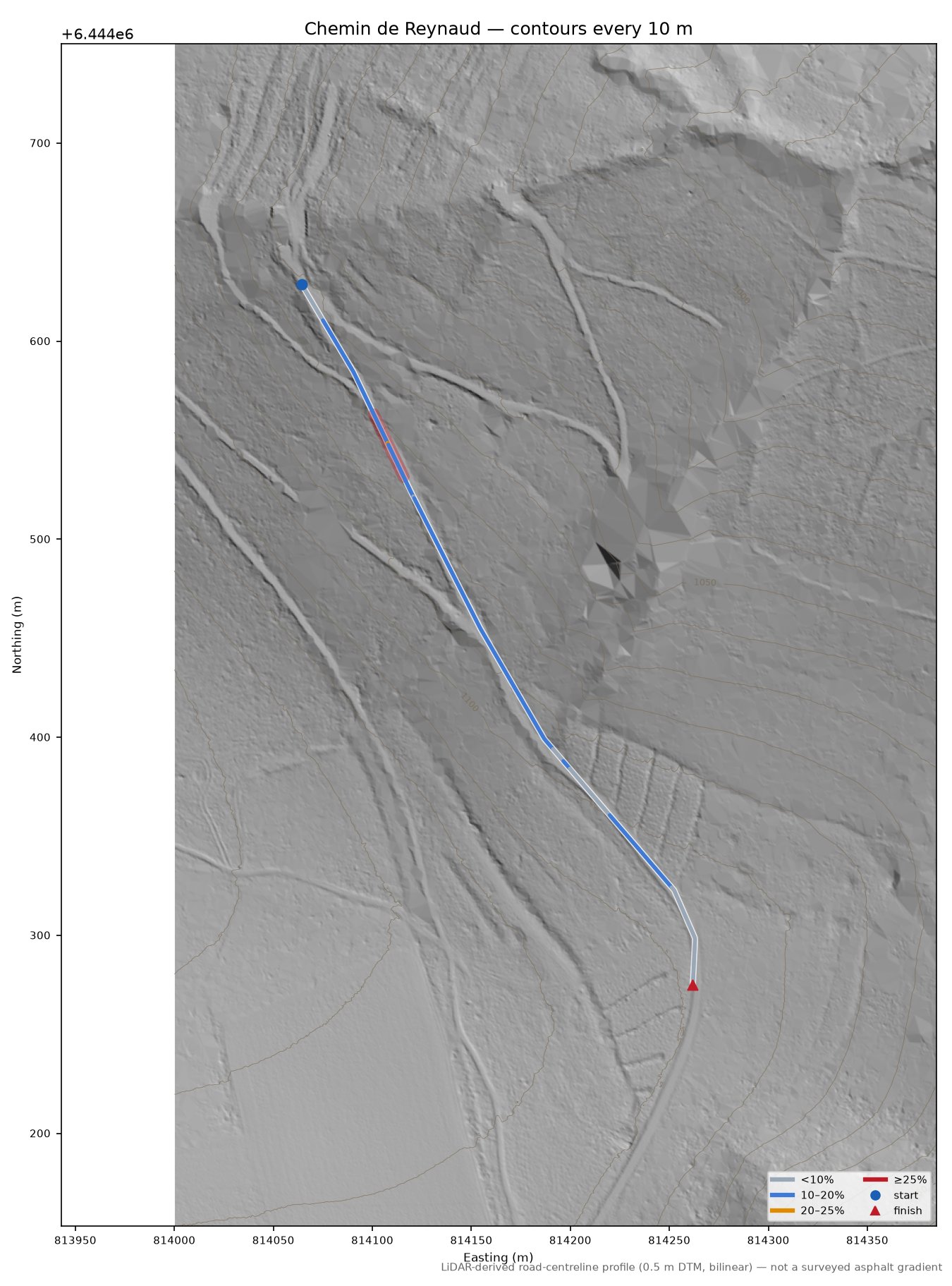 Chemin de Reynaud LiDAR hillshade map with contours