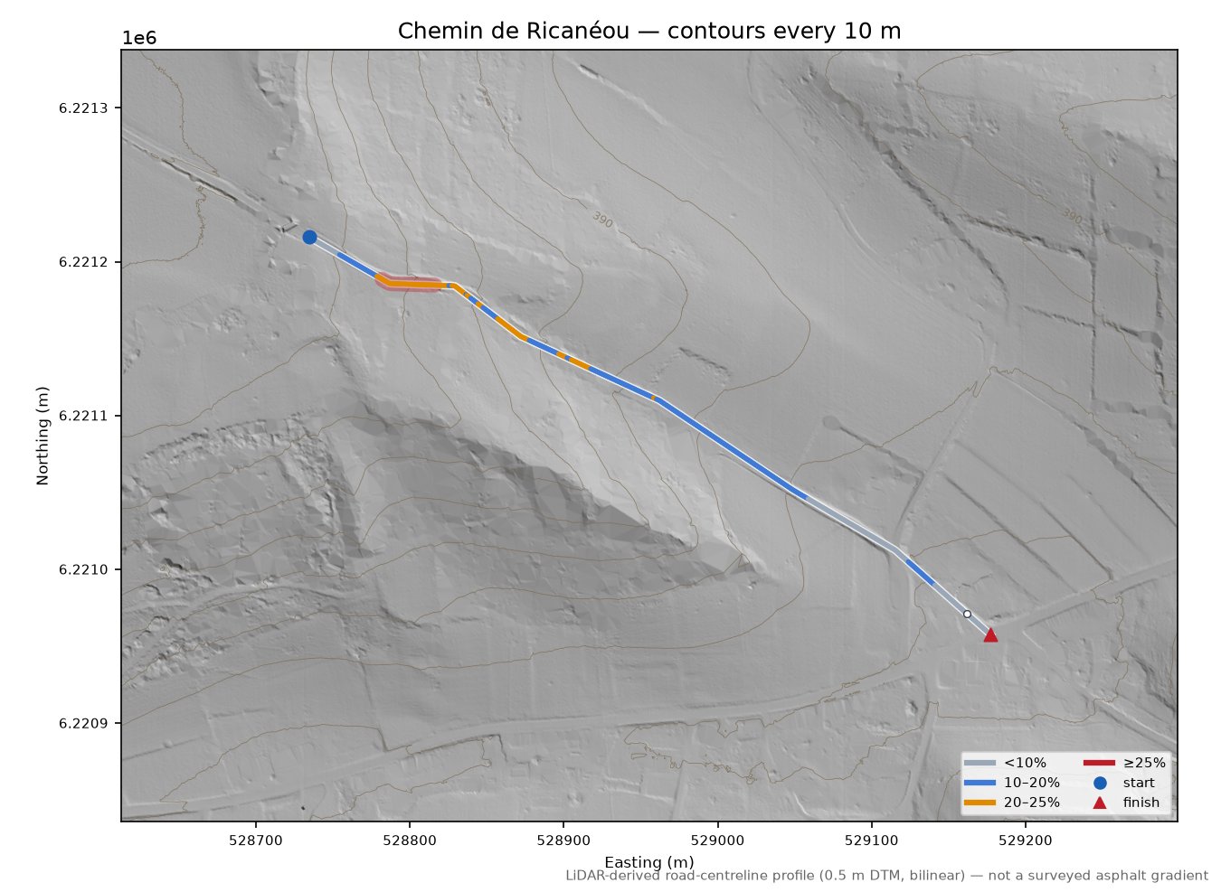 Chemin de Ricanéou LiDAR hillshade map with contours
