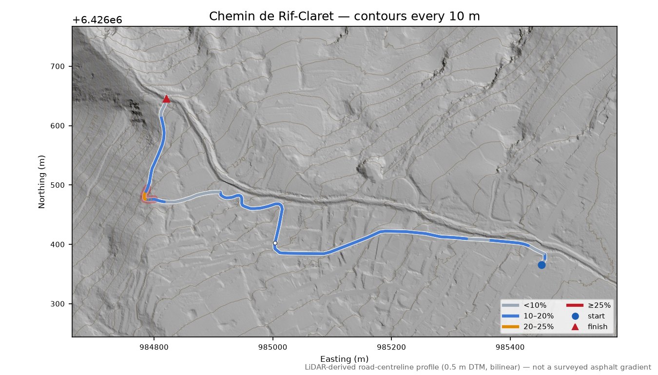 Chemin de Rif-Claret LiDAR hillshade map with contours