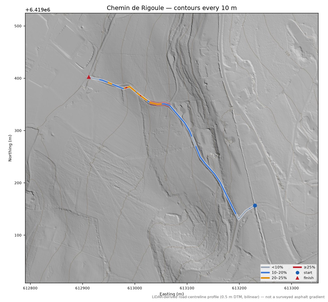 Chemin de Rigoule LiDAR hillshade map with contours