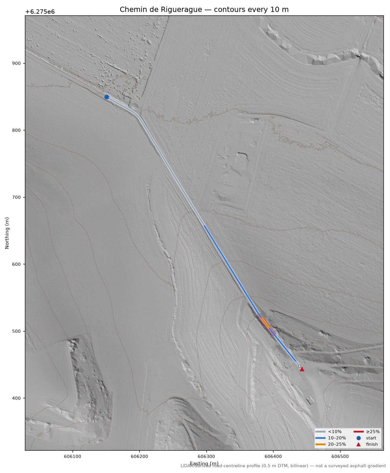Chemin de Riguerague LiDAR hillshade map with contours