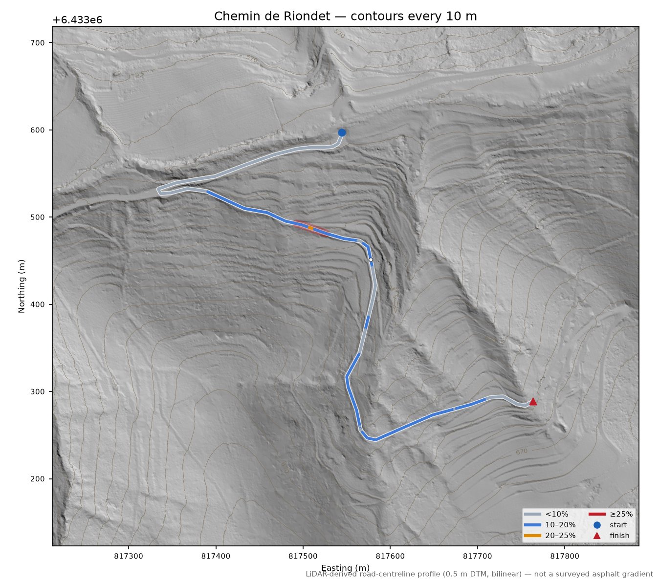 Chemin de Riondet LiDAR hillshade map with contours