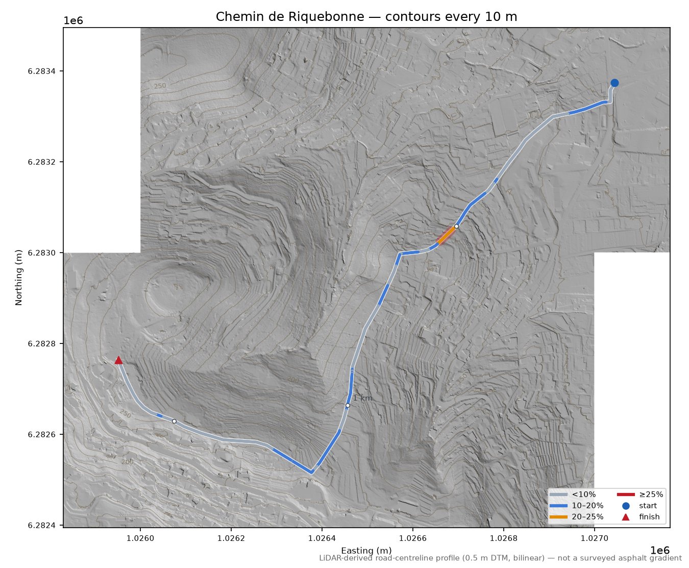 Chemin de Riquebonne LiDAR hillshade map with contours