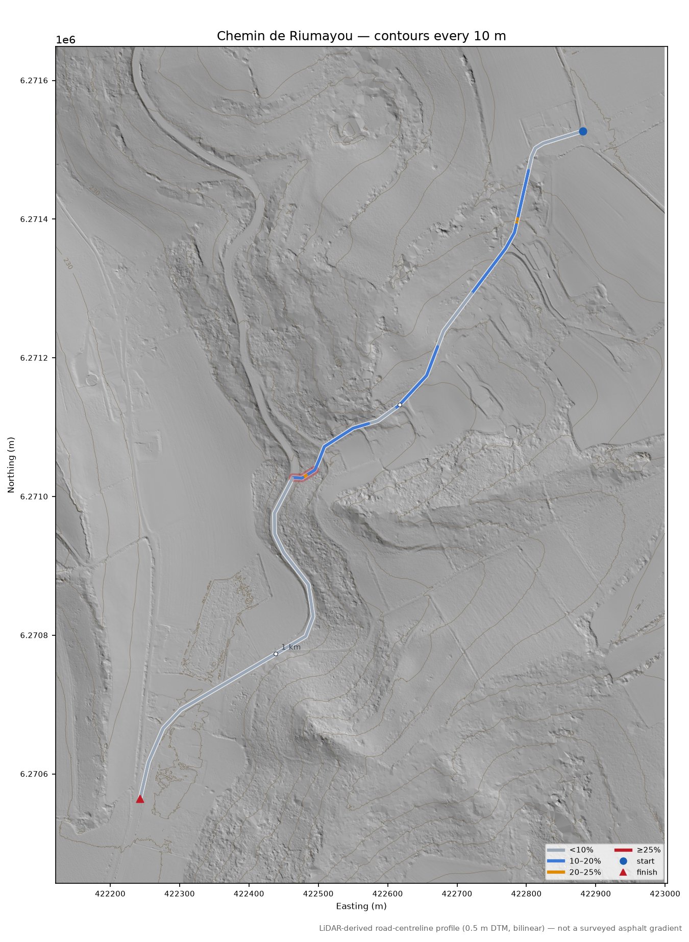Chemin de Riumayou LiDAR hillshade map with contours