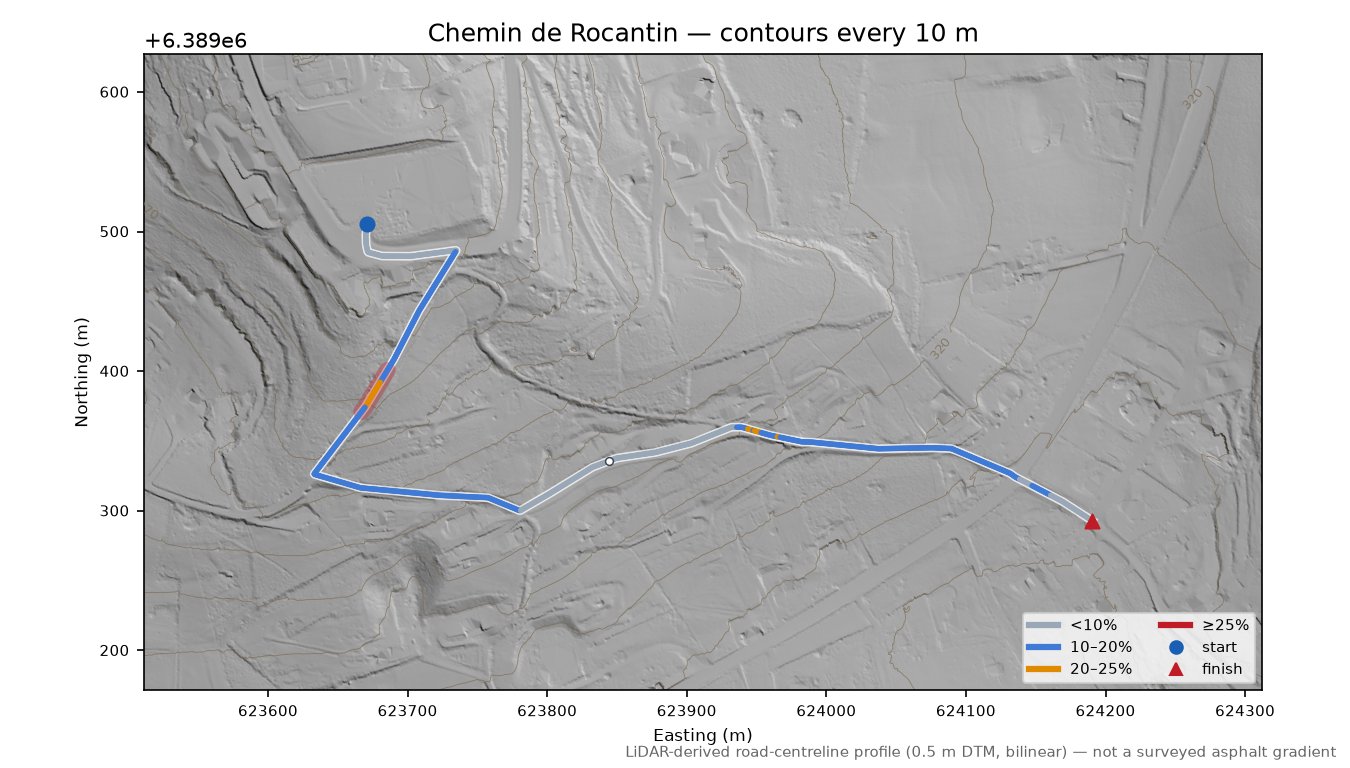 Chemin de Rocantin LiDAR hillshade map with contours