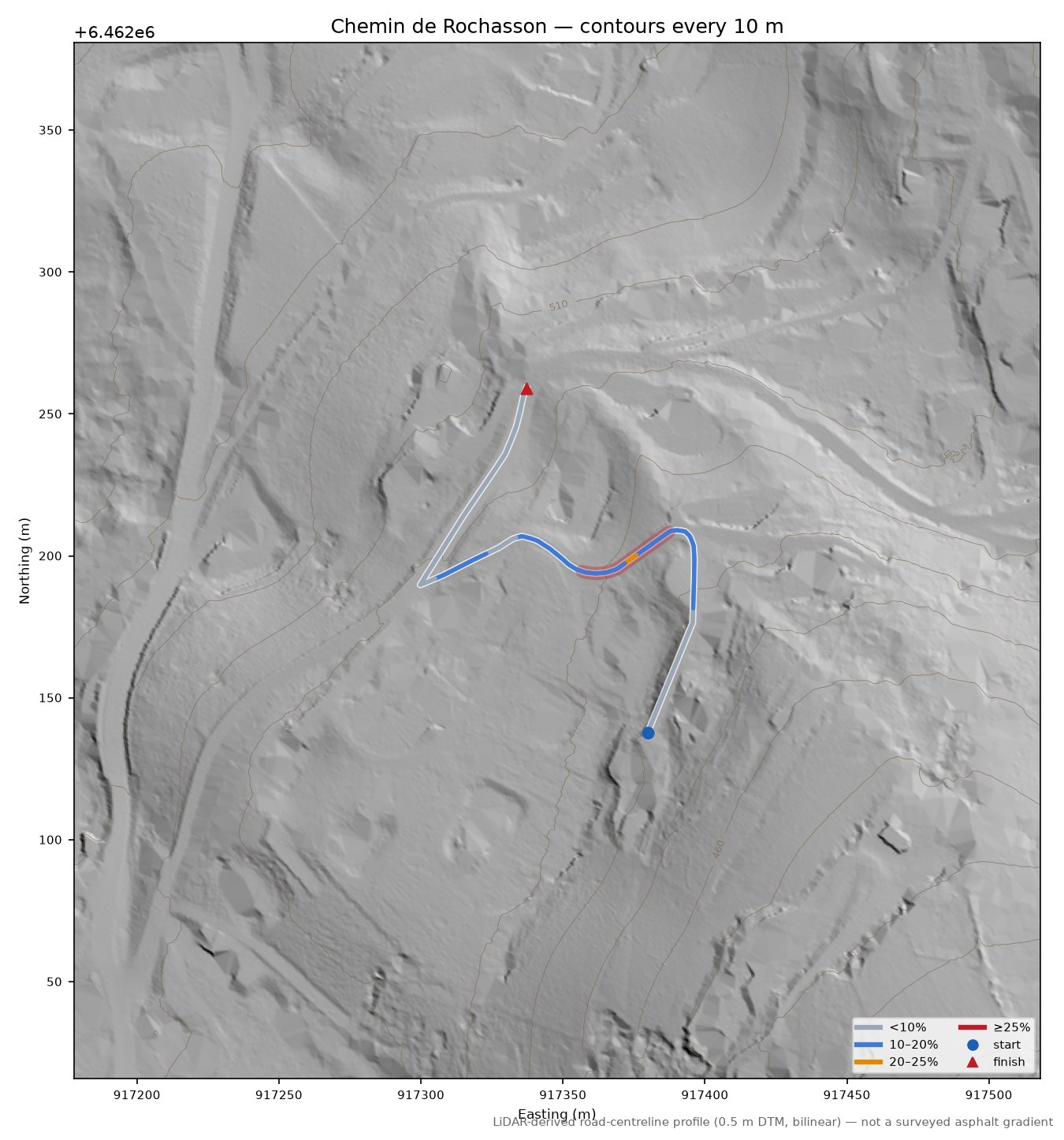 Chemin de Rochasson LiDAR hillshade map with contours