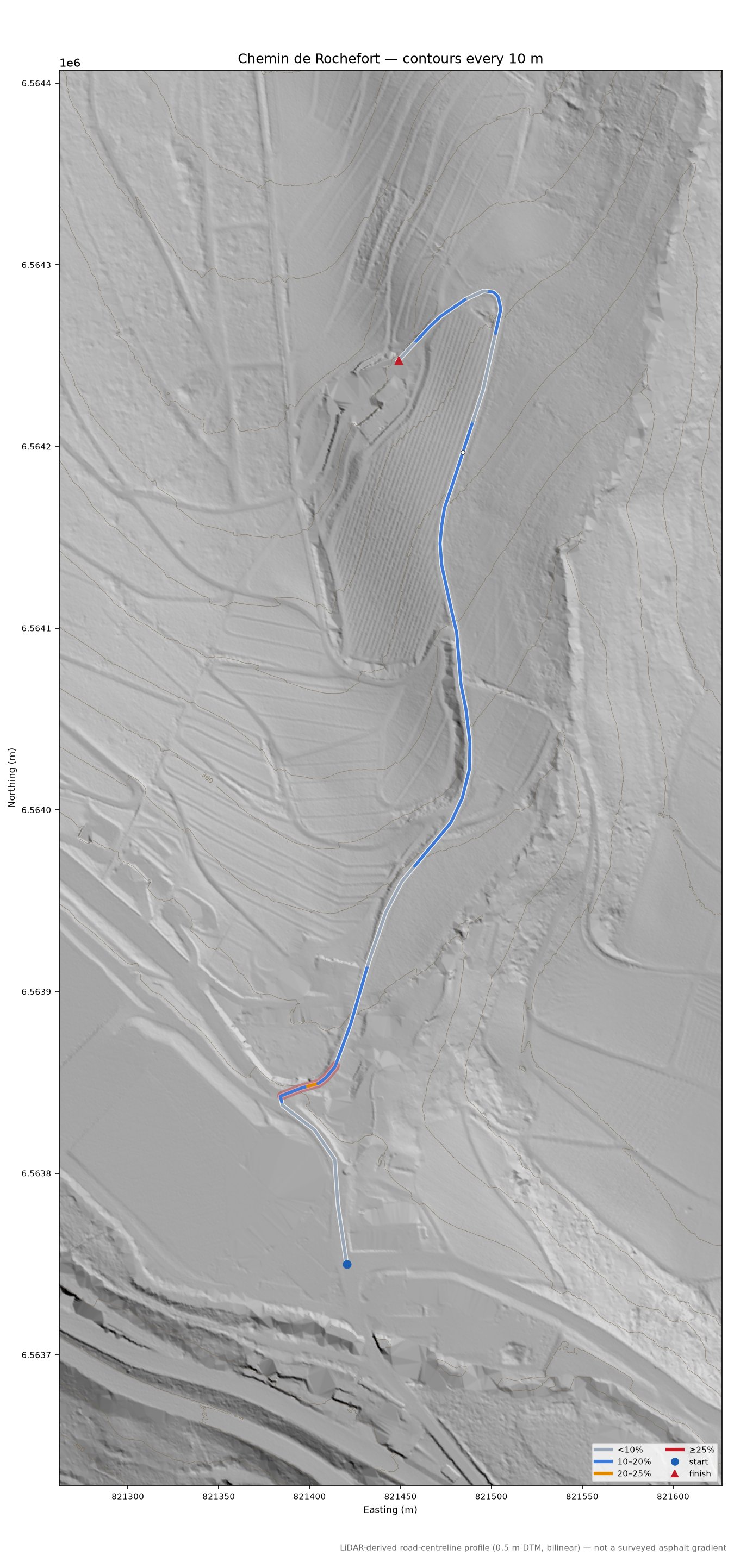 Chemin de Rochefort LiDAR hillshade map with contours