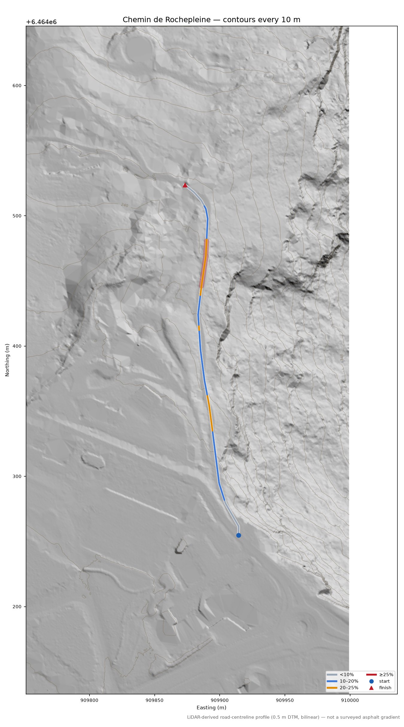 Chemin de Rochepleine LiDAR hillshade map with contours