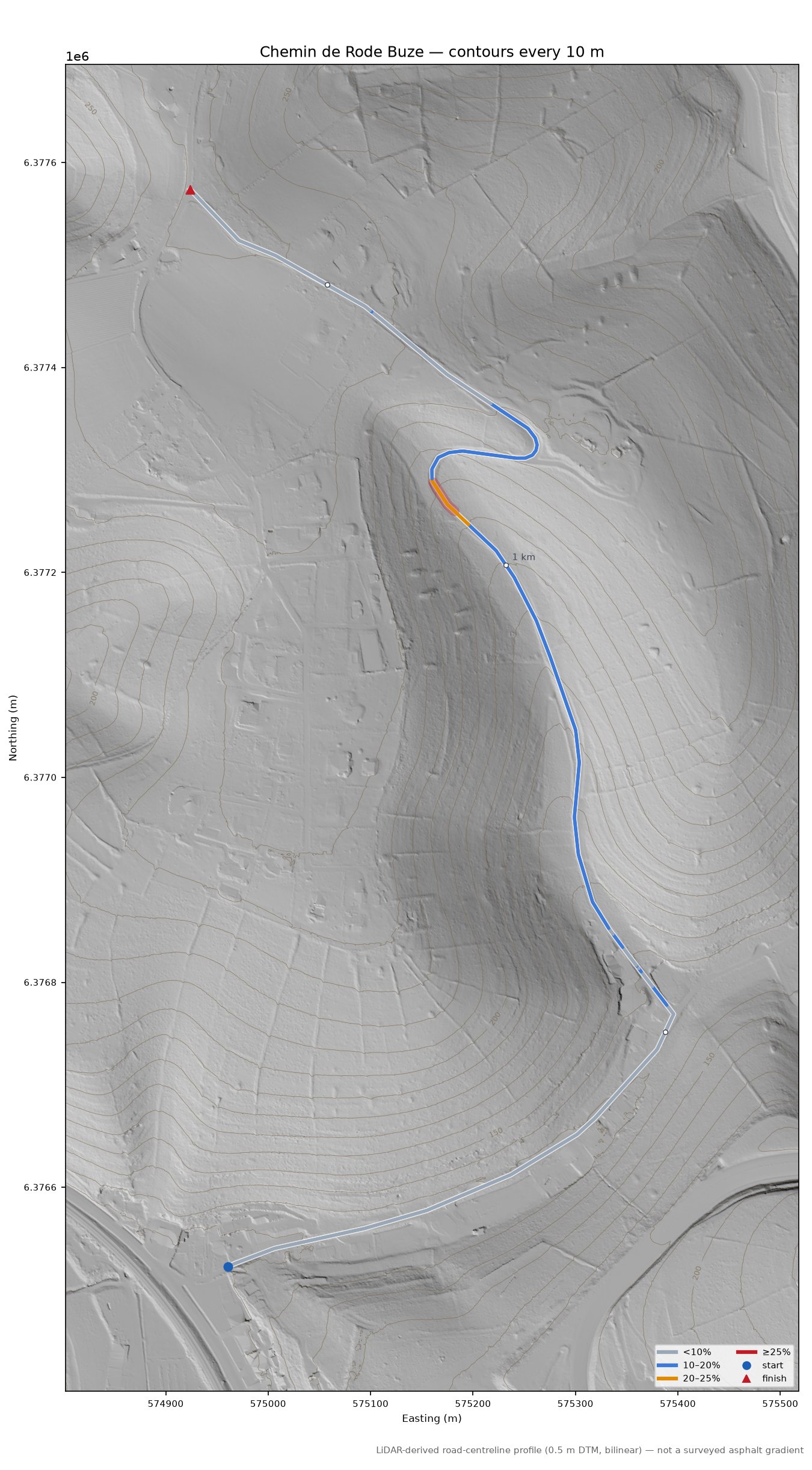 Chemin de Rode Buze LiDAR hillshade map with contours