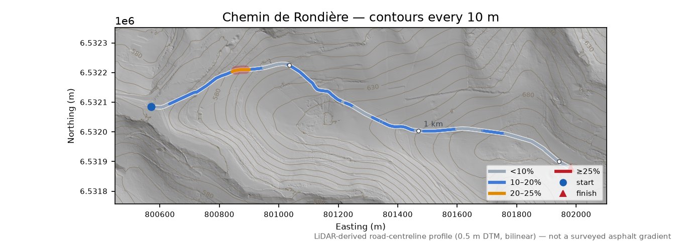 Chemin de Rondière LiDAR hillshade map with contours