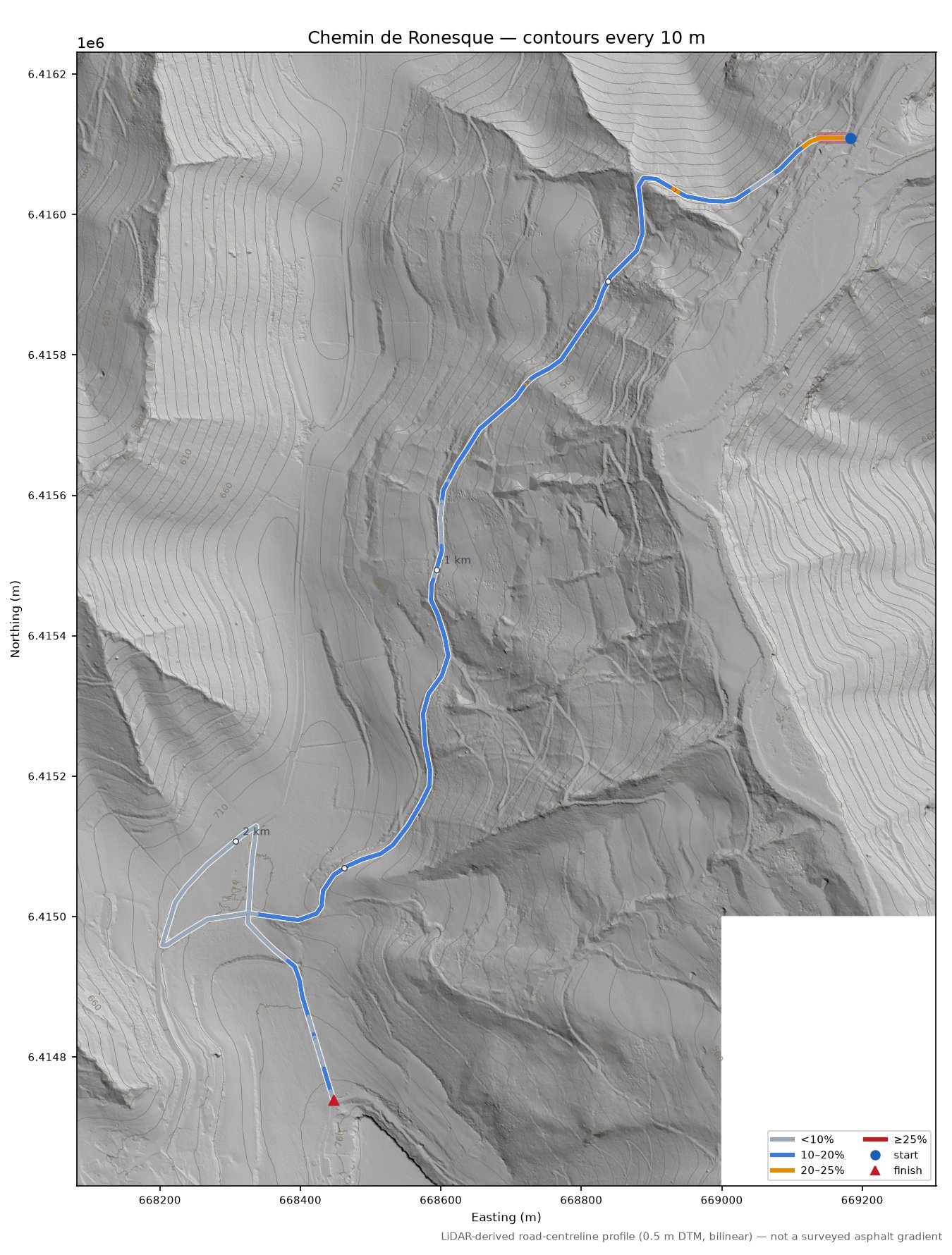 Chemin de Ronesque LiDAR hillshade map with contours