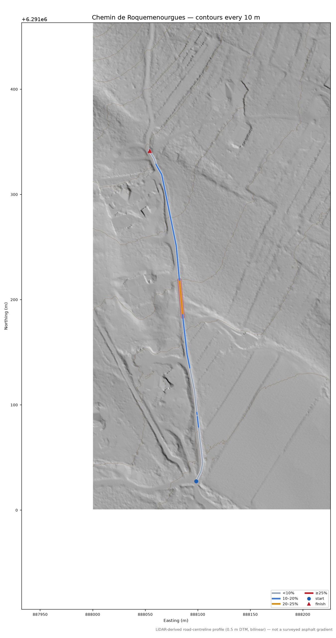 Chemin de Roquemenourgues LiDAR hillshade map with contours