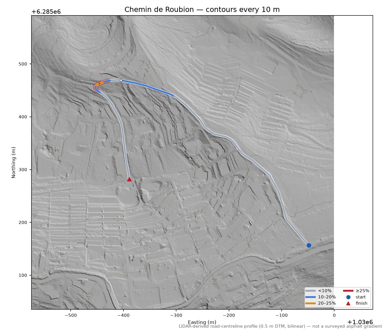 Chemin de Roubion LiDAR hillshade map with contours