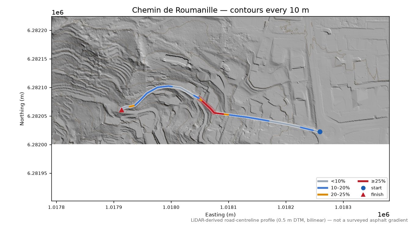 Chemin de Roumanille LiDAR hillshade map with contours
