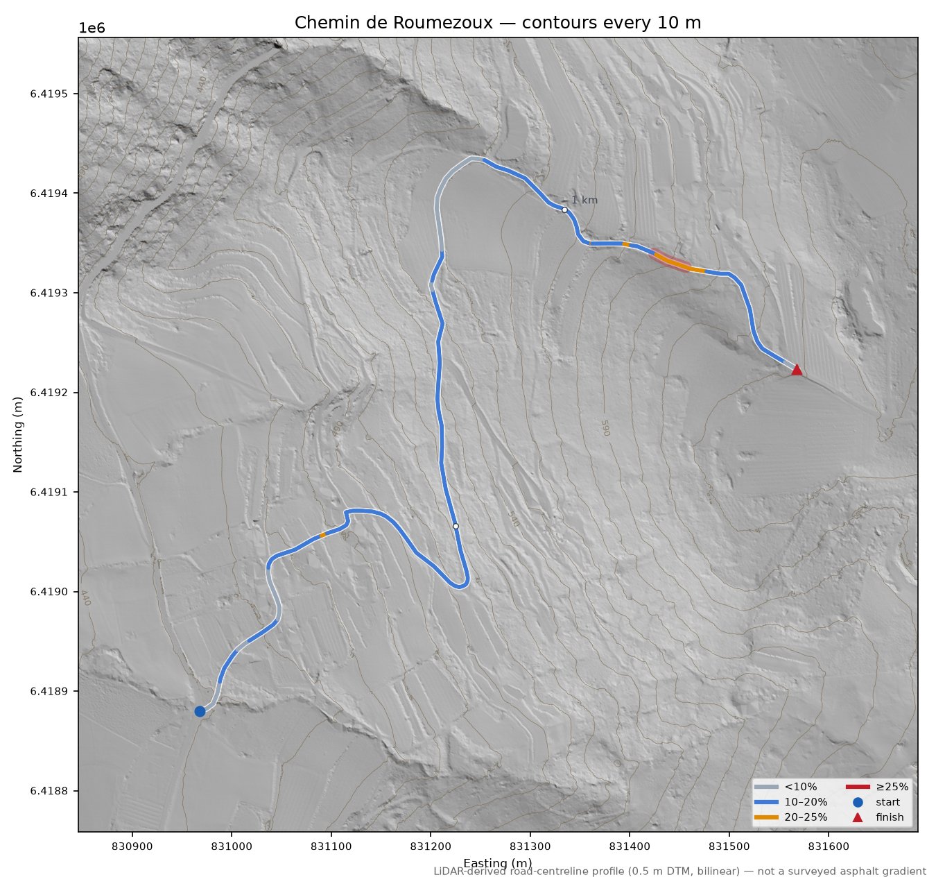 Chemin de Roumezoux LiDAR hillshade map with contours
