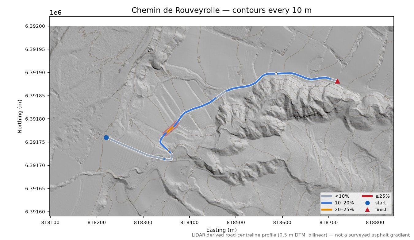 Chemin de Rouveyrolle LiDAR hillshade map with contours