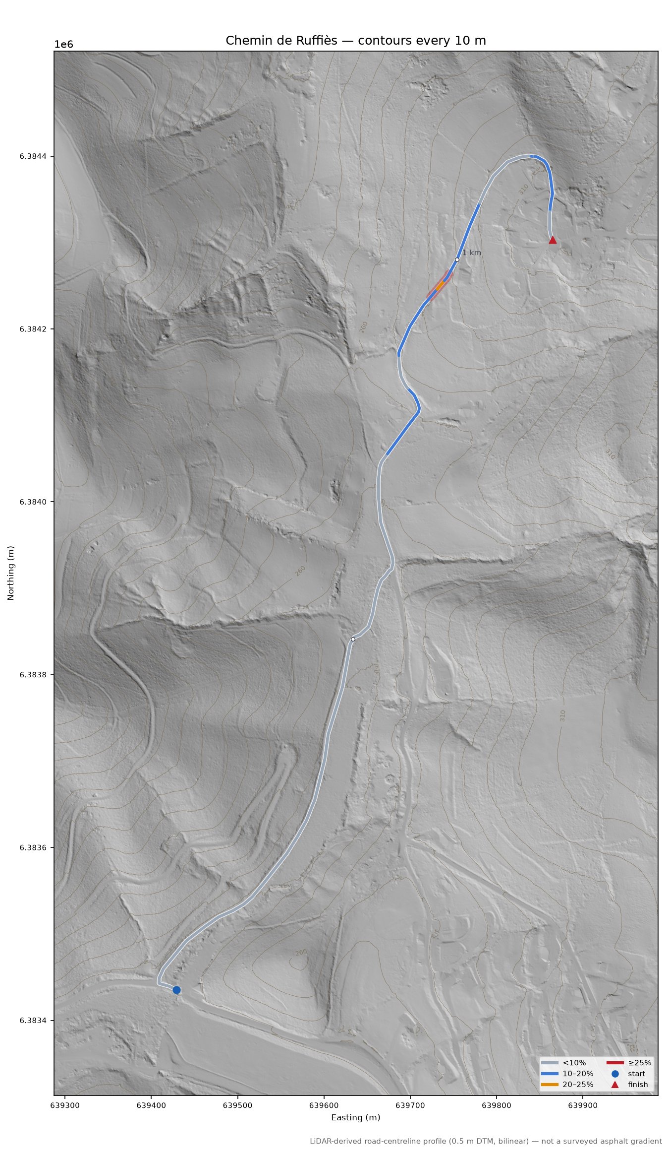 Chemin de Ruffiès LiDAR hillshade map with contours