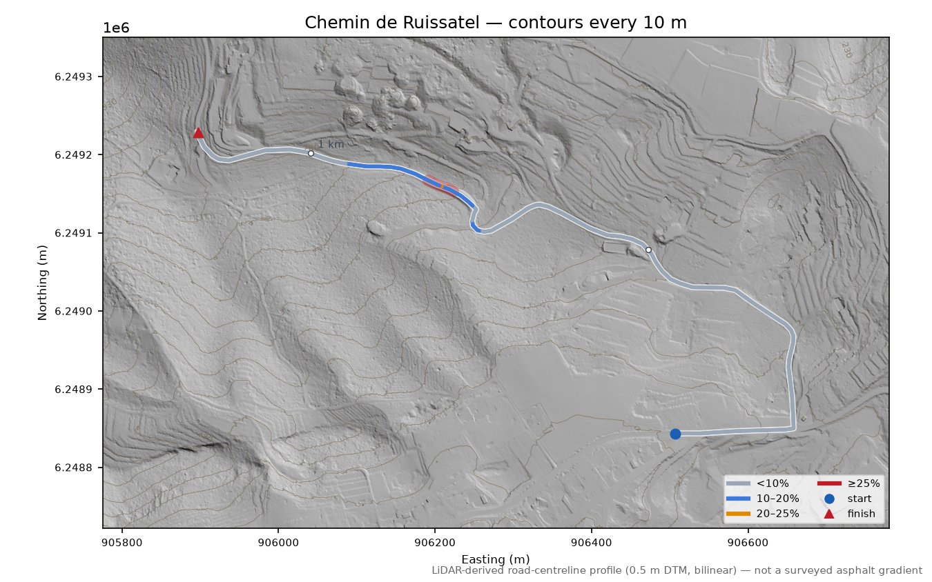 Chemin de Ruissatel LiDAR hillshade map with contours