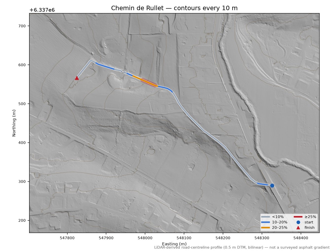 Chemin de Rullet LiDAR hillshade map with contours