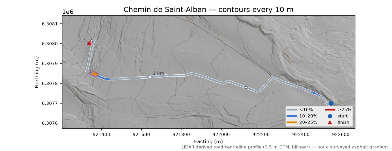 Chemin de Saint-Alban LiDAR hillshade map with contours