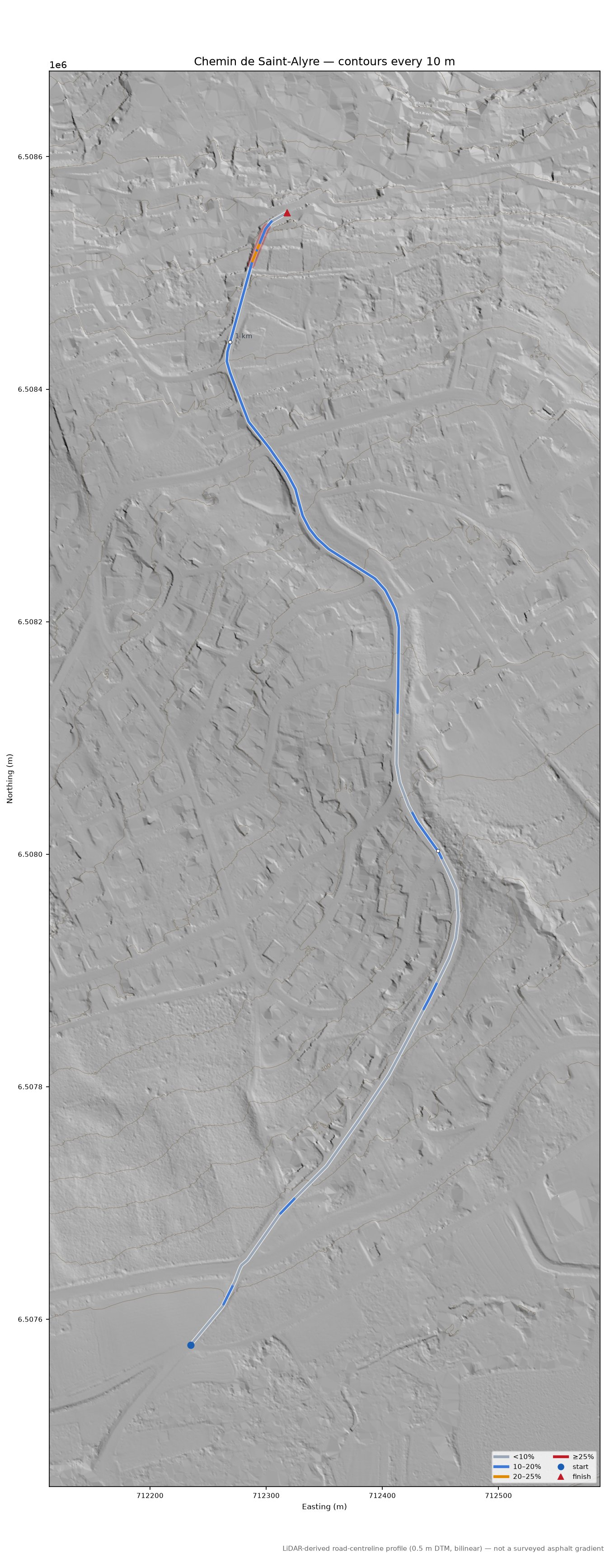Chemin de Saint-Alyre LiDAR hillshade map with contours