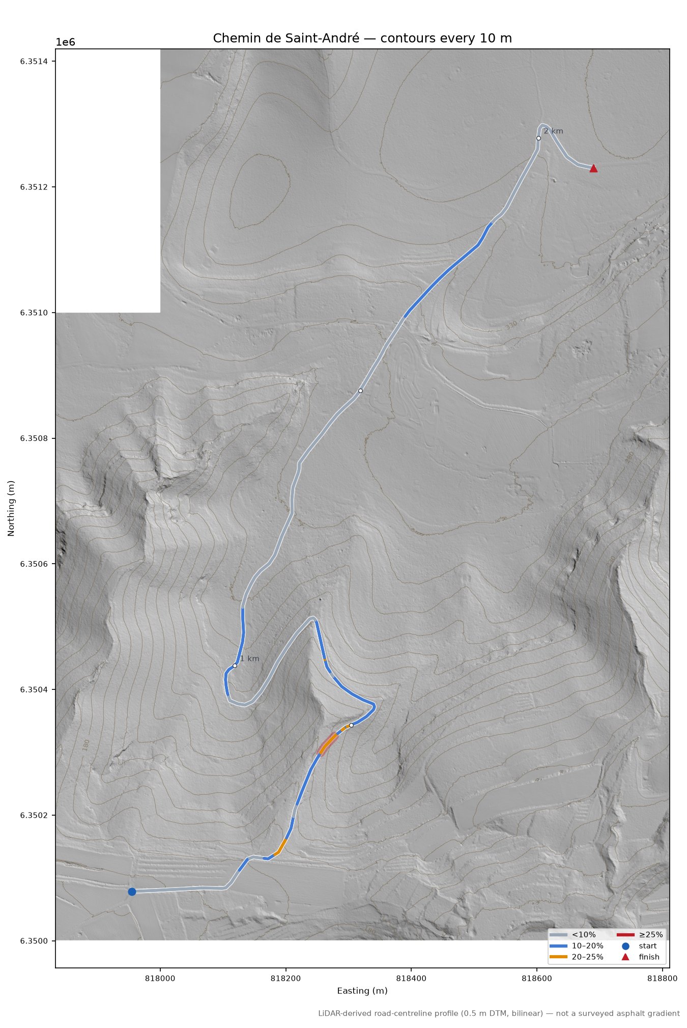 Chemin de Saint-André LiDAR hillshade map with contours