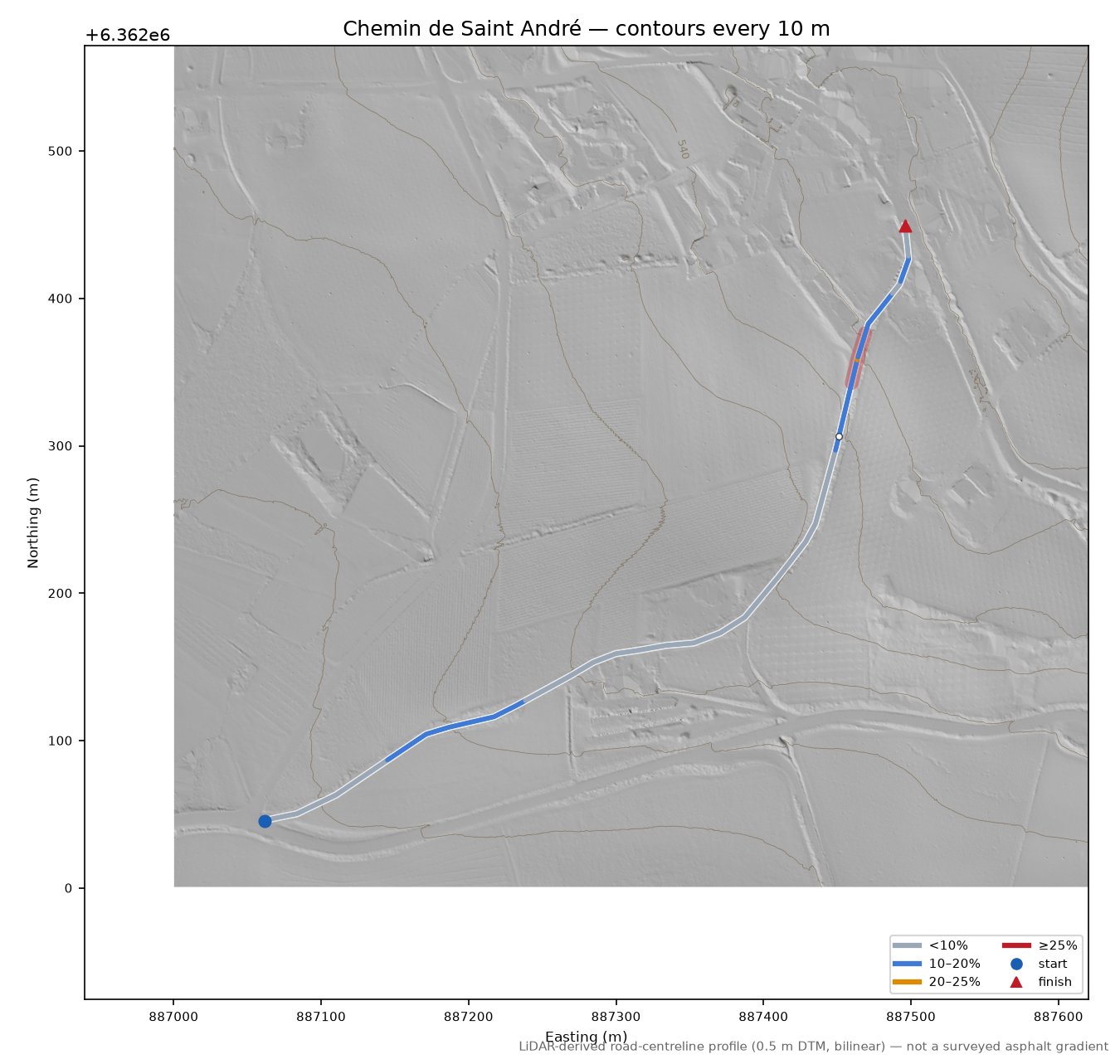 Chemin de Saint André LiDAR hillshade map with contours