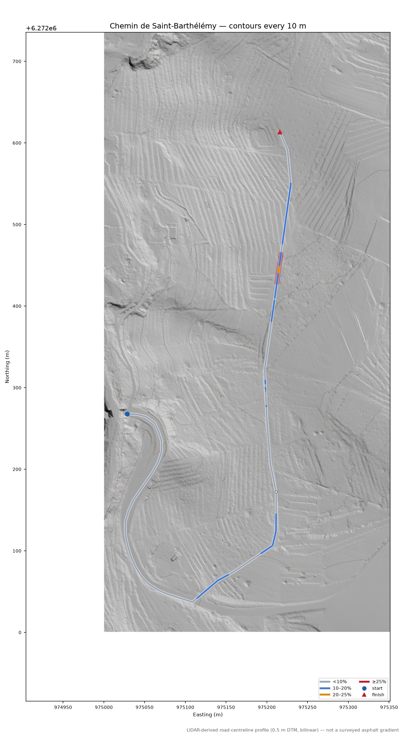Chemin de Saint-Barthélémy LiDAR hillshade map with contours