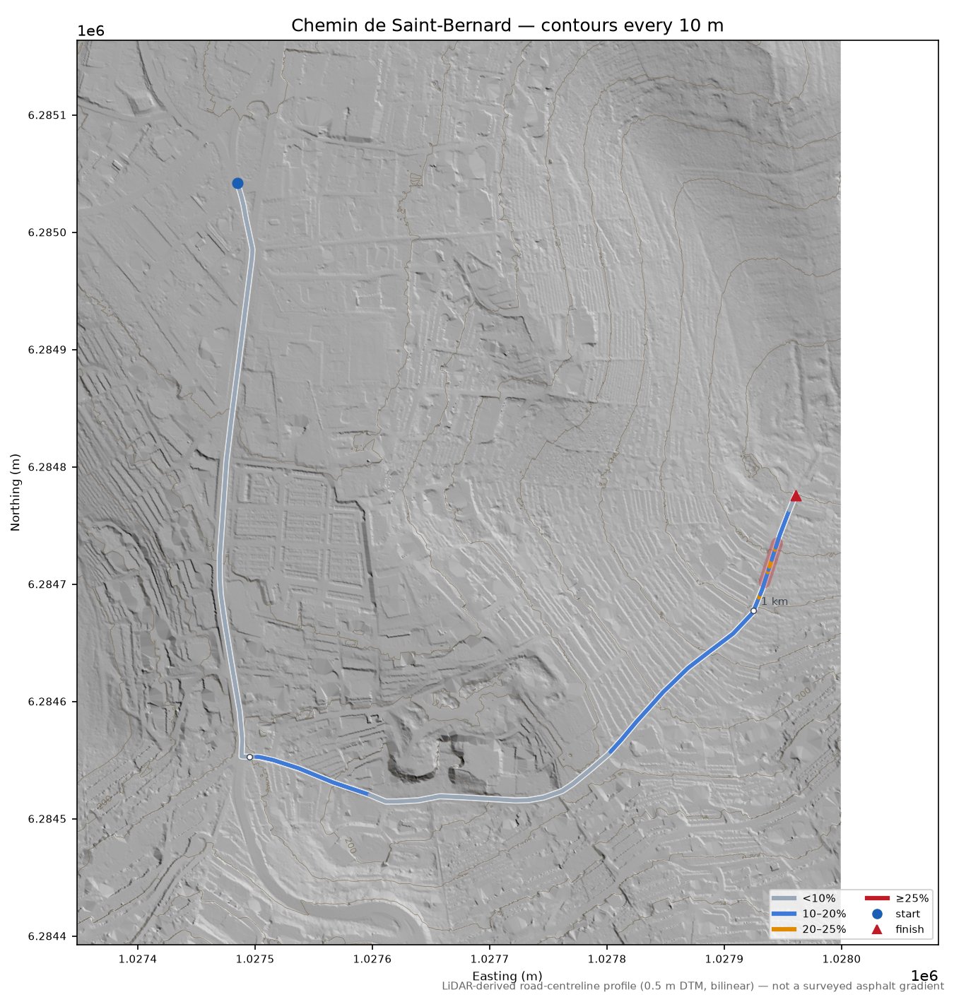 Chemin de Saint-Bernard LiDAR hillshade map with contours
