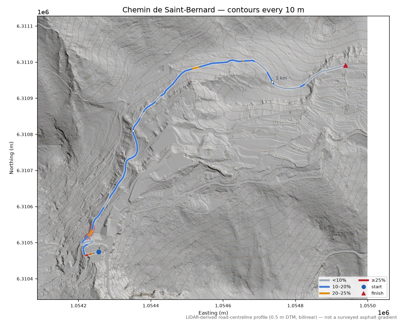 Chemin de Saint-Bernard LiDAR hillshade map with contours