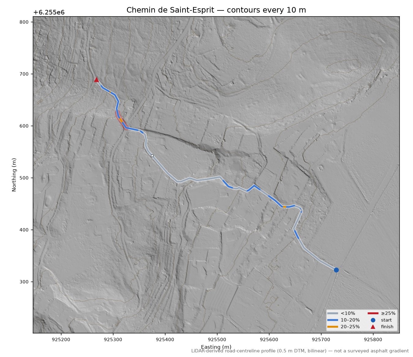 Chemin de Saint-Esprit LiDAR hillshade map with contours