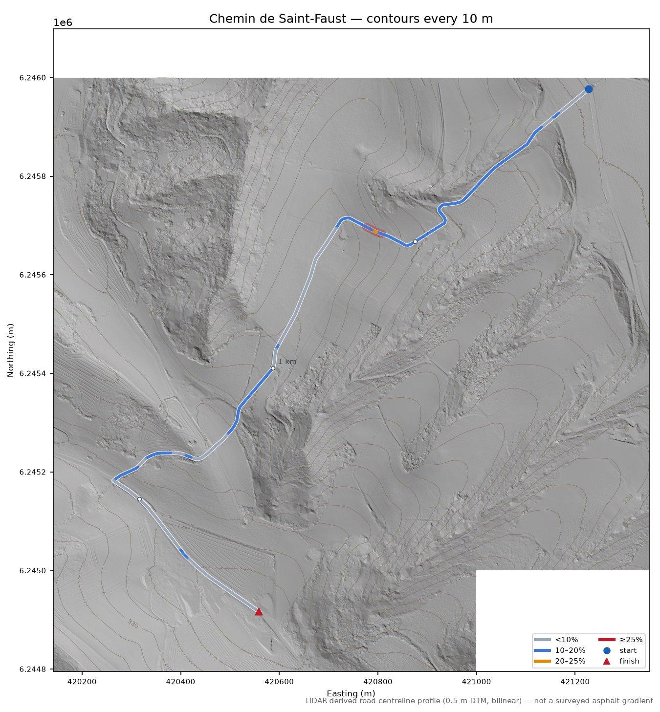 Chemin de Saint-Faust LiDAR hillshade map with contours