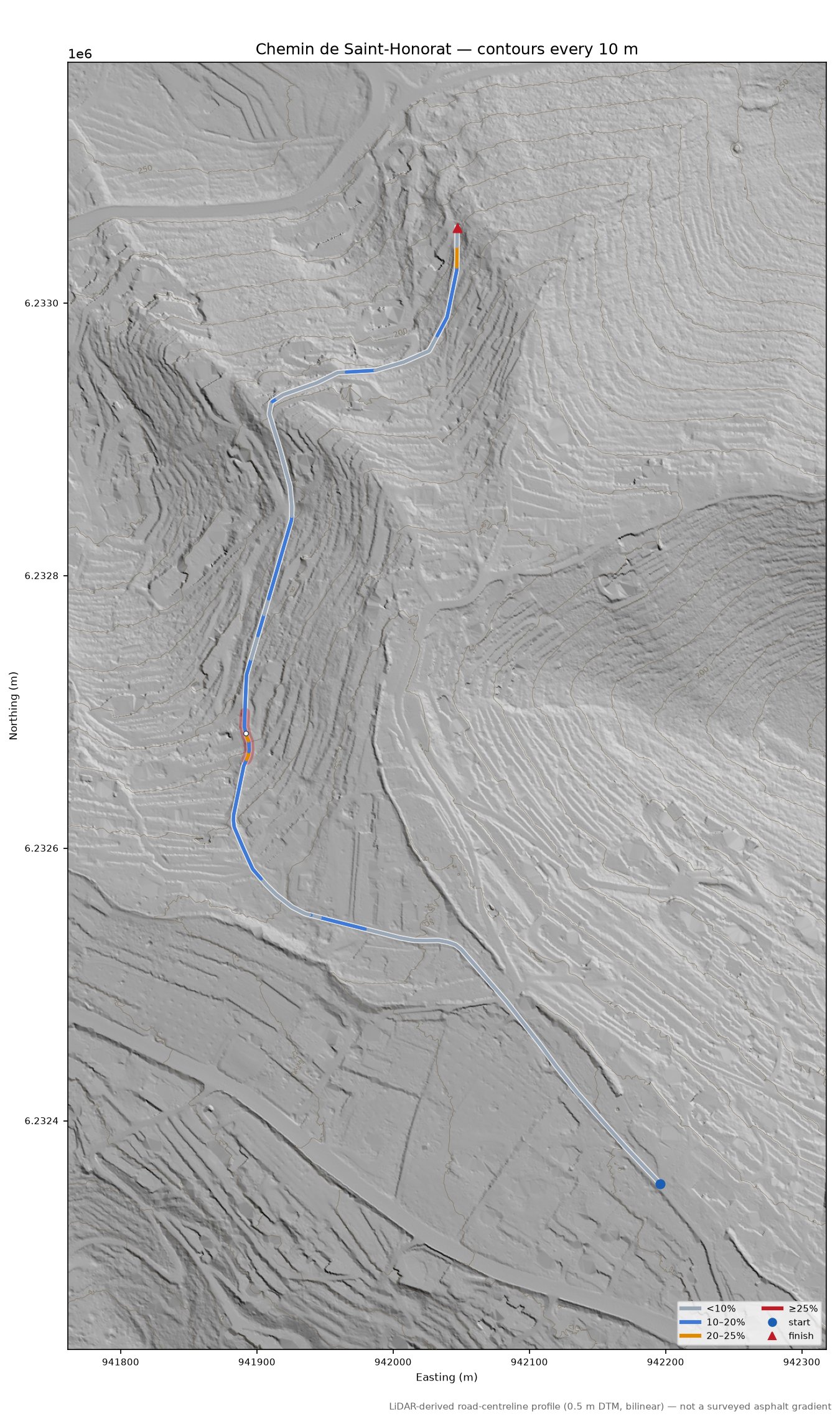 Chemin de Saint-Honorat LiDAR hillshade map with contours
