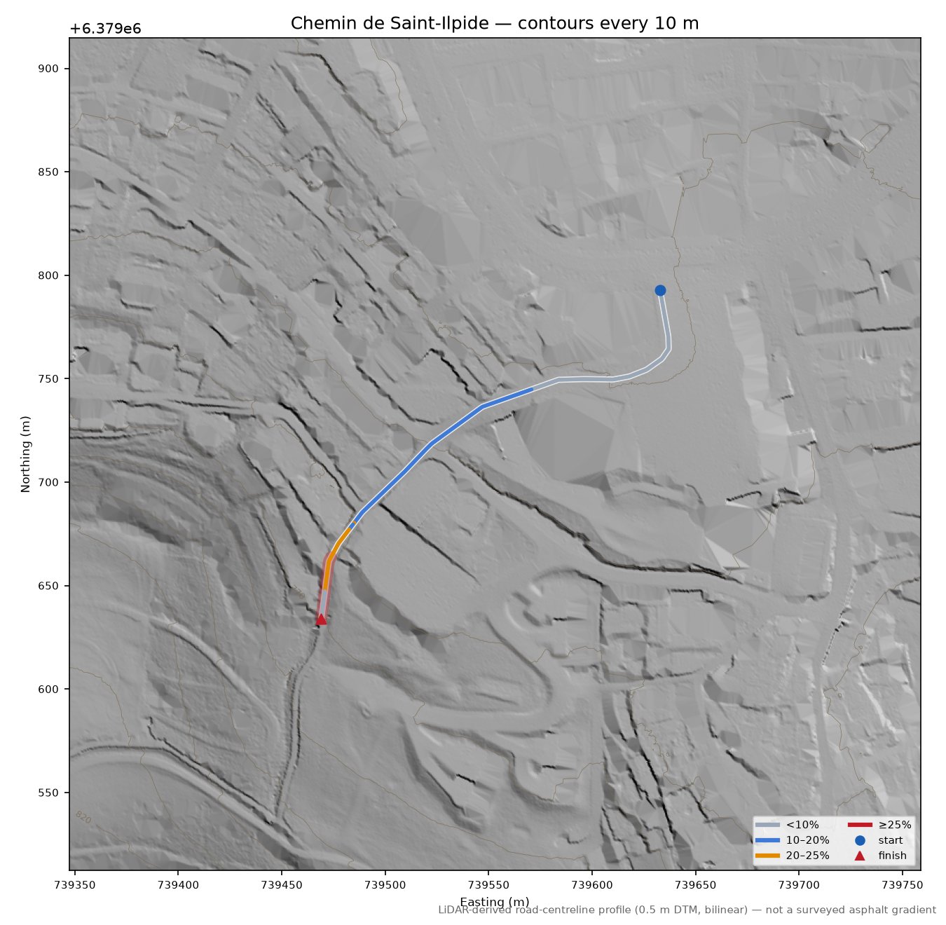 Chemin de Saint-Ilpide LiDAR hillshade map with contours