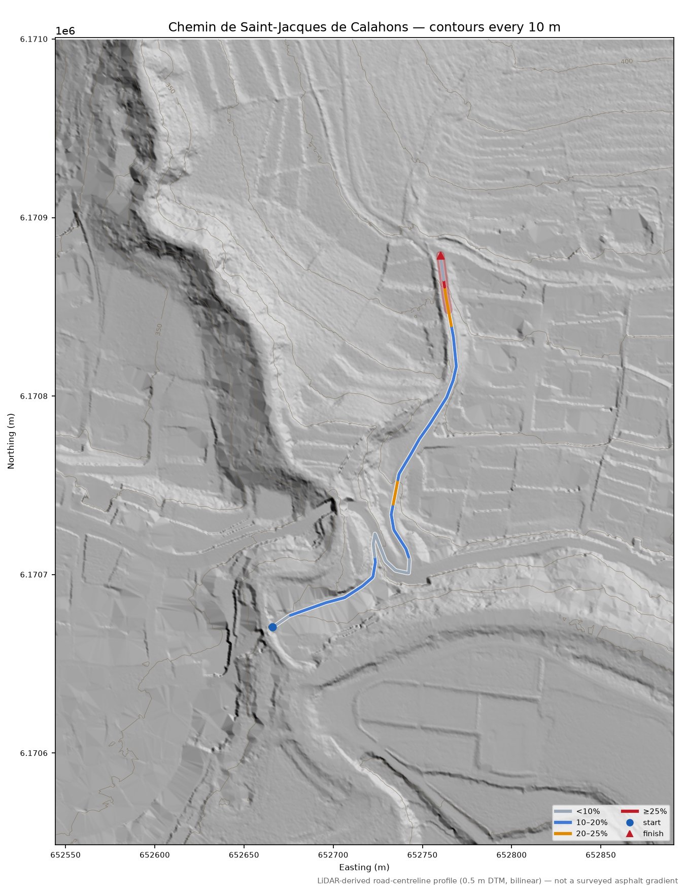 Chemin de Saint-Jacques de Calahons LiDAR hillshade map with contours