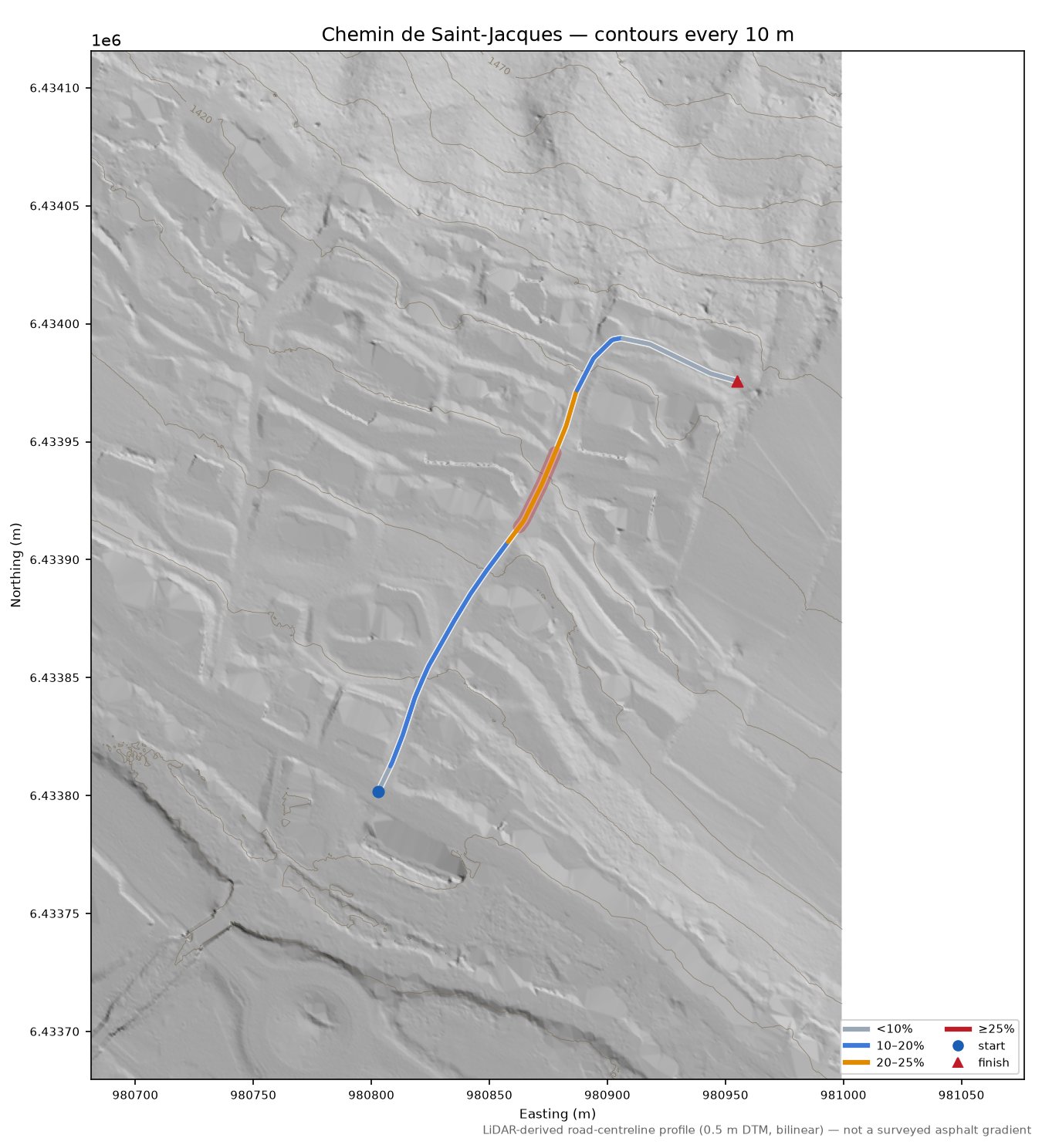 Chemin de Saint-Jacques LiDAR hillshade map with contours