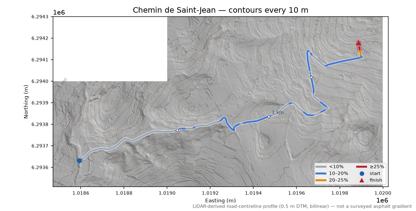 Chemin de Saint-Jean LiDAR hillshade map with contours