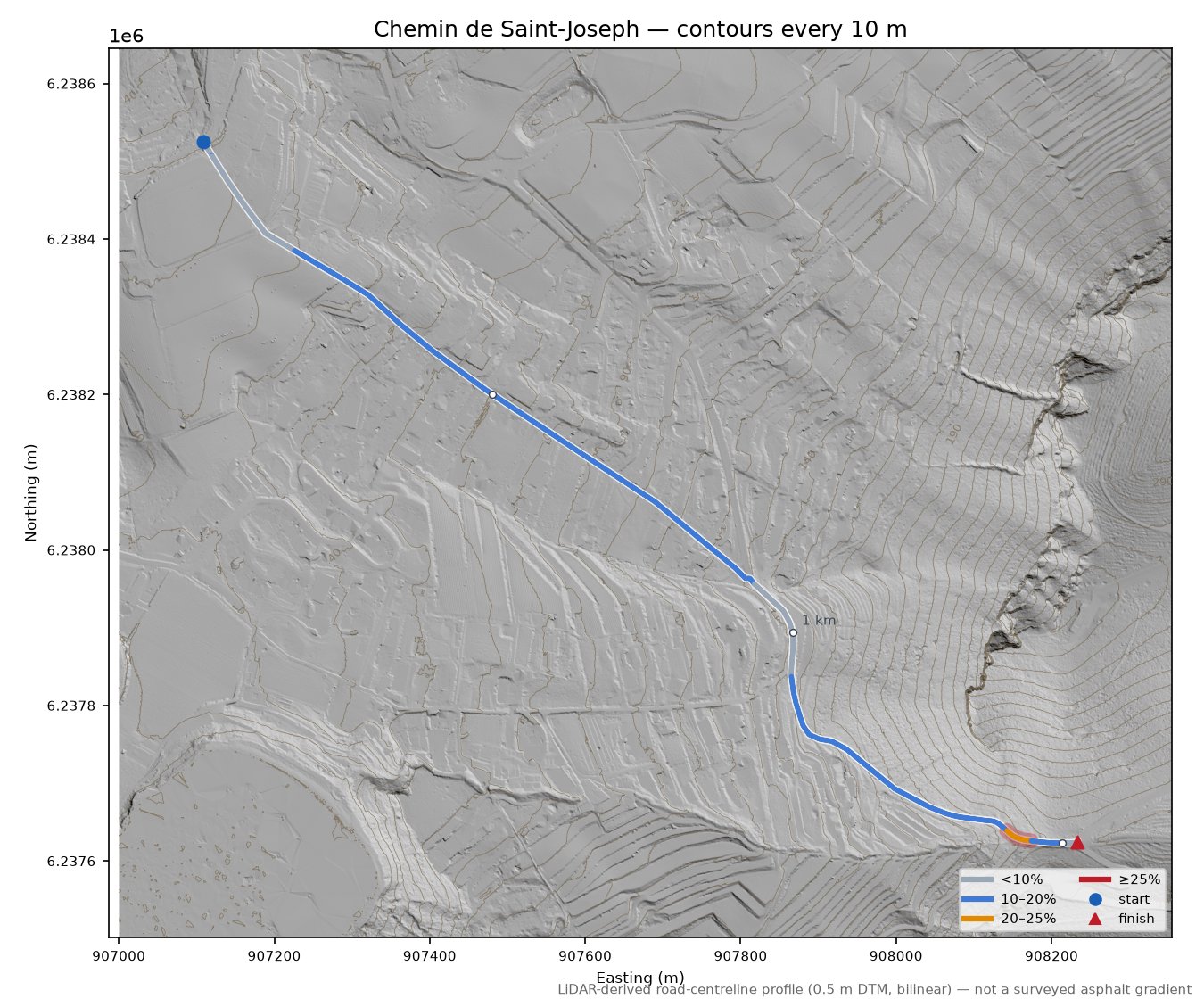 Chemin de Saint-Joseph LiDAR hillshade map with contours