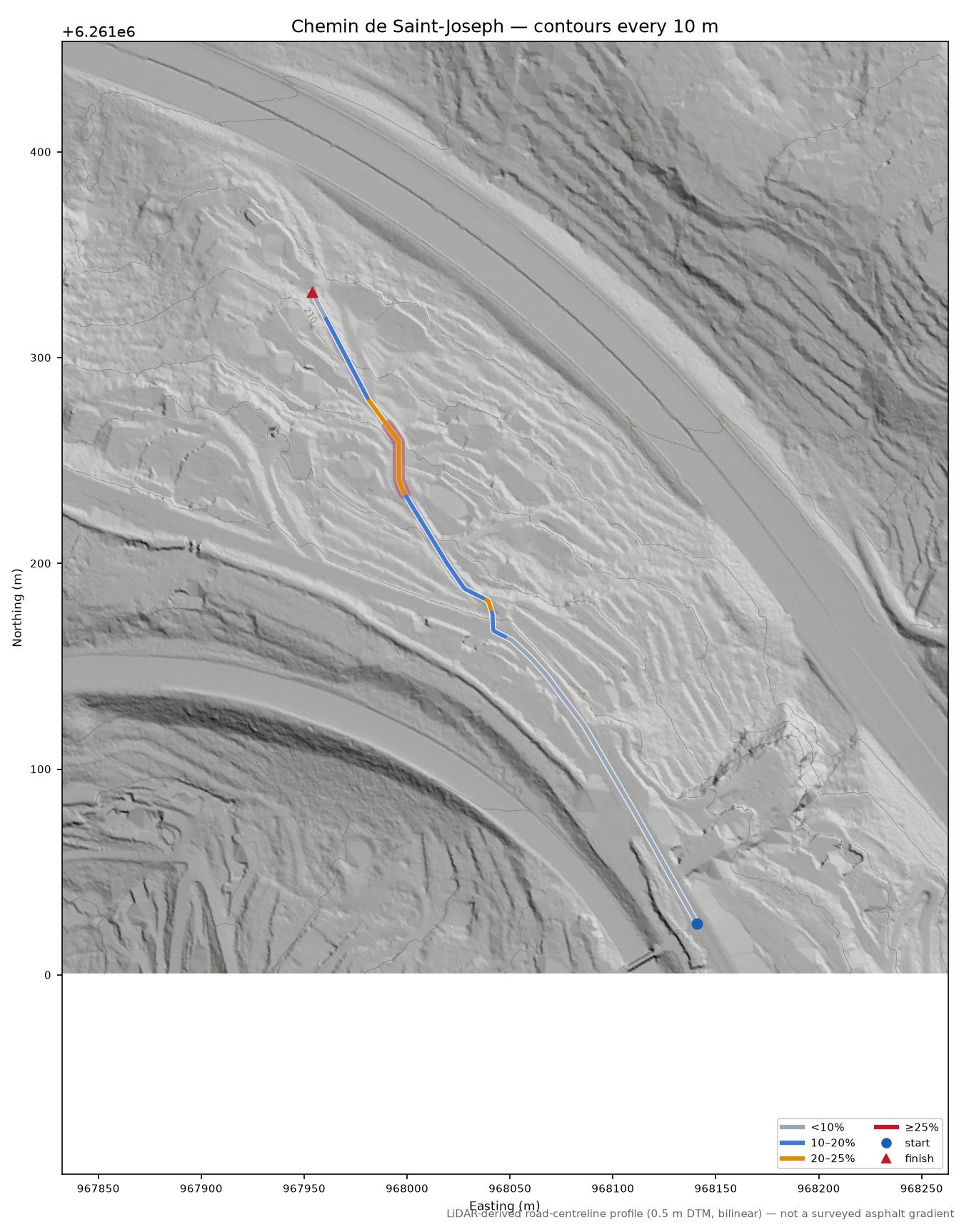 Chemin de Saint-Joseph LiDAR hillshade map with contours