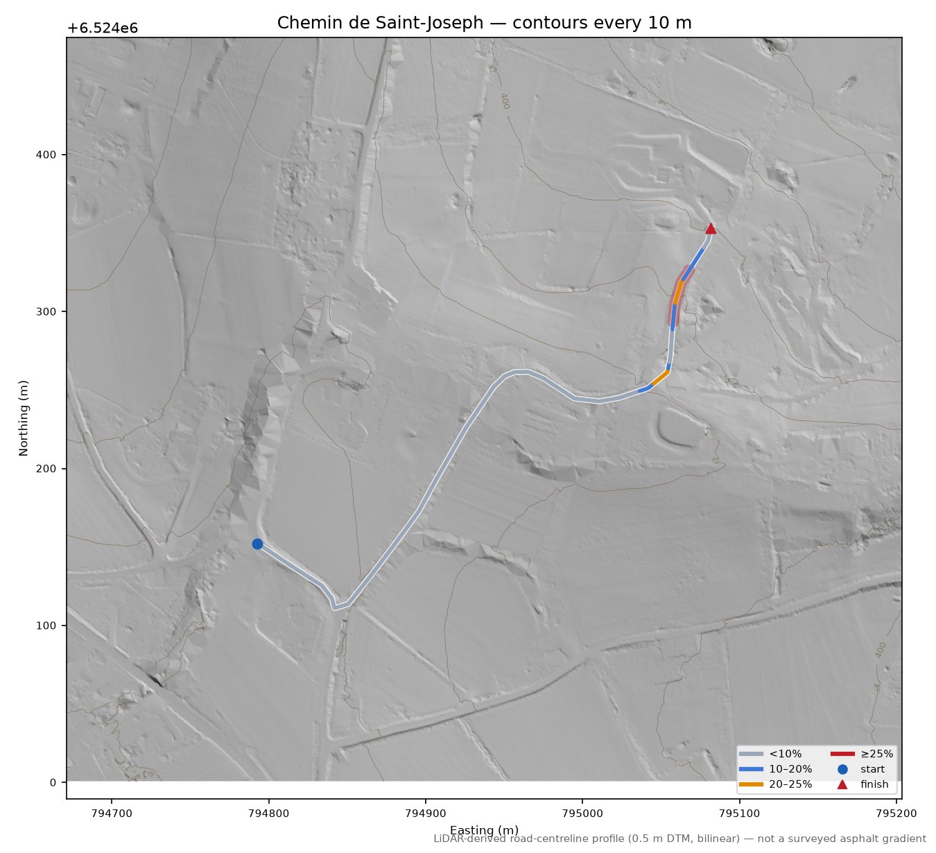 Chemin de Saint-Joseph LiDAR hillshade map with contours