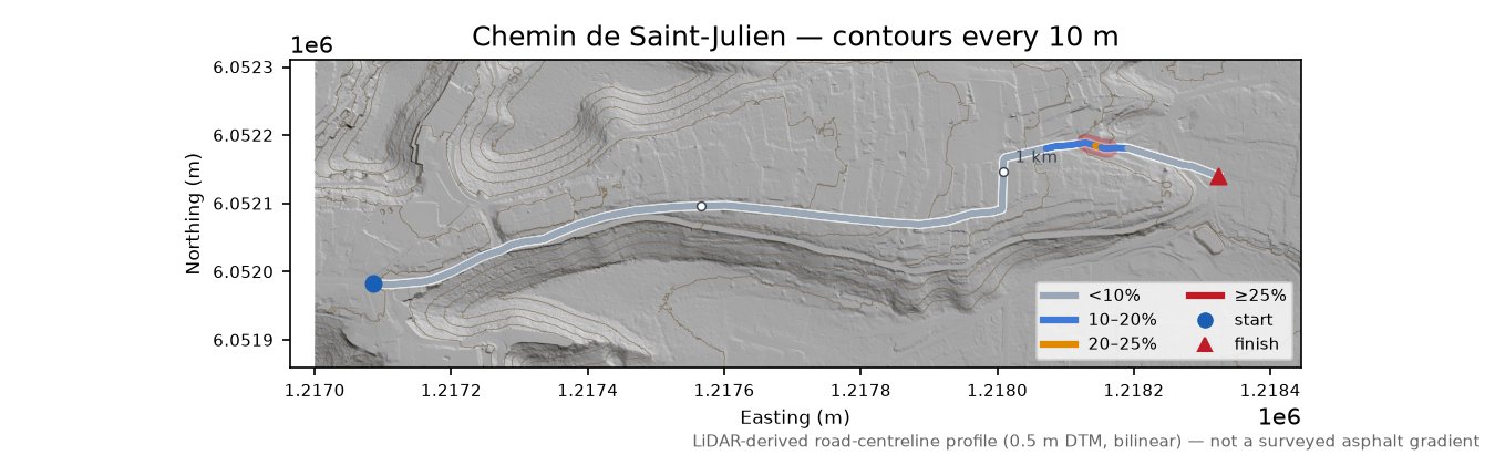 Chemin de Saint-Julien LiDAR hillshade map with contours