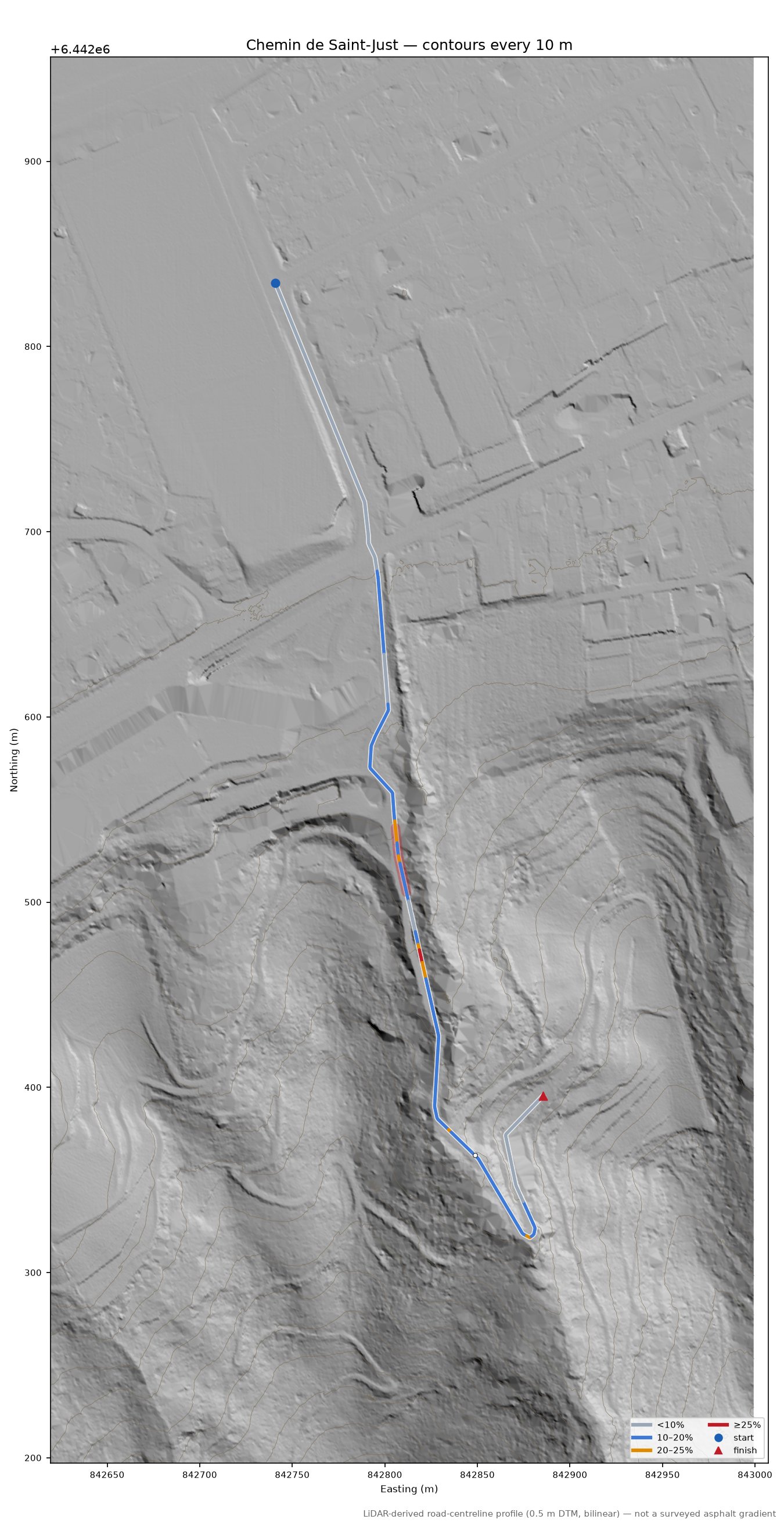 Chemin de Saint-Just LiDAR hillshade map with contours