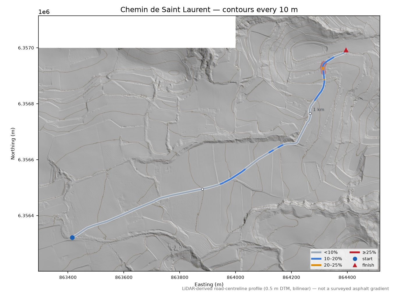 Chemin de Saint Laurent LiDAR hillshade map with contours
