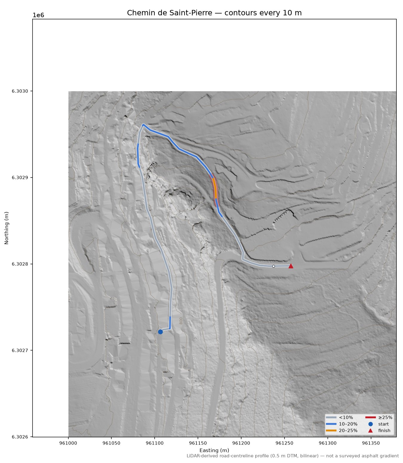 Chemin de Saint-Pierre LiDAR hillshade map with contours