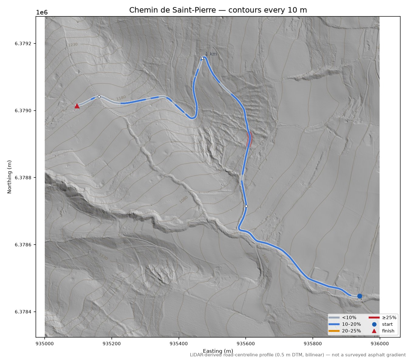 Chemin de Saint-Pierre LiDAR hillshade map with contours