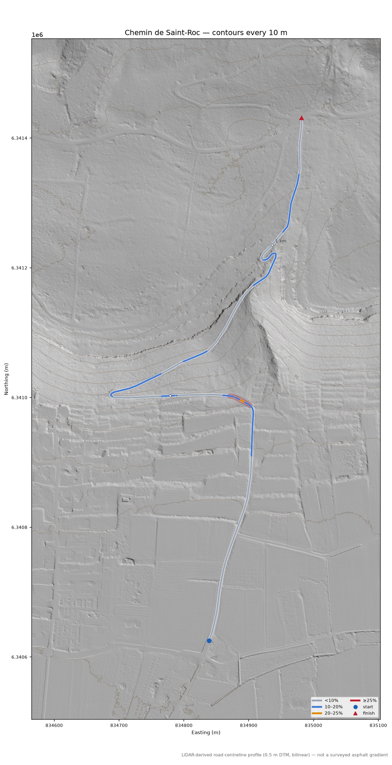 Chemin de Saint-Roc LiDAR hillshade map with contours
